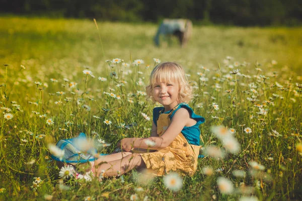 Симпатична красива дівчинка з кільцем совок розмахує сіткою на ромашковому лужному полі в жовтій сорочці-перемичці, що позує з посмішкою і диким білим конем на фоні. Чарівна дитина з ромашками . — стокове фото