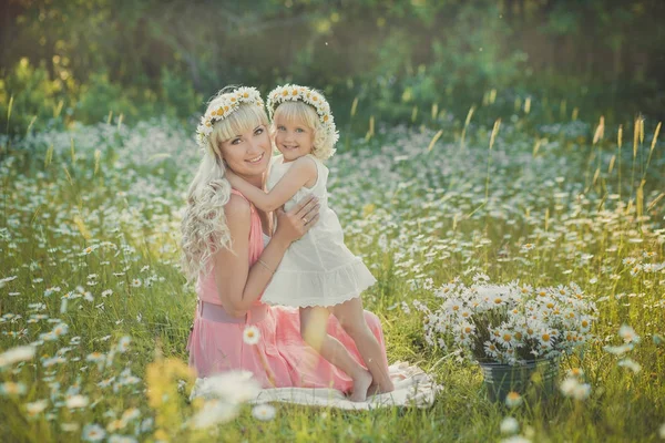 Magnificent picture of blond adorable lady woman mother mom in pink airy dress with daughter girl baby in white ambrace each other on daisy chamomile meadow with horse on background. — Stock Photo, Image