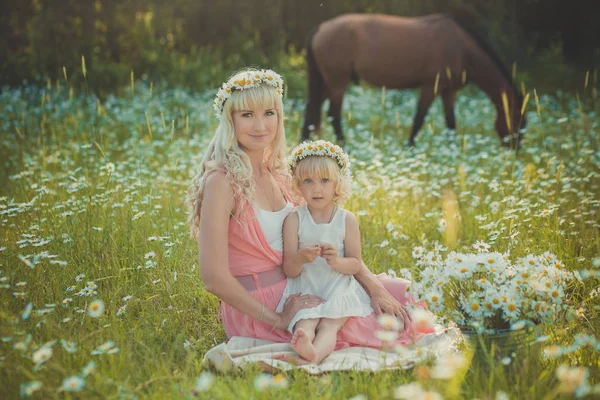 Magnifique image de blonde adorable dame mère mère mère en robe rose aérée avec fille fille bébé en blanc ambrace l'un l'autre sur marguerite prairie de camomille avec cheval sur fond . — Photo