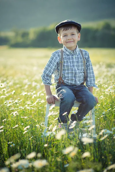 Netter gutaussehender Junge in Jeans und Hemd sitzt auf einem Holzstuhl auf einer Kamillenwiese und genießt lächelnd den Sommertag auf einem Bauernhof. — Stockfoto