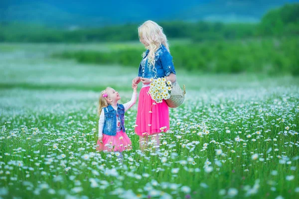 妈妈和女儿在洋甘菊田里野餐。两个漂亮的金发女郎穿着牛仔裤夹克和粉红色的裙子母亲和女婴拥抱在洋甘菊领域与篮子花束 dandalion — 图库照片