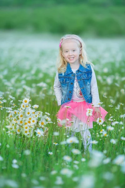 Bonito pequena menina sorridente no campo de camomila Pequena criança loira com coroa na cabeça em camomilas vestindo jeans e saia rosa desfrutando de esconde-esconde, whoop, espreitar um boo — Fotografia de Stock