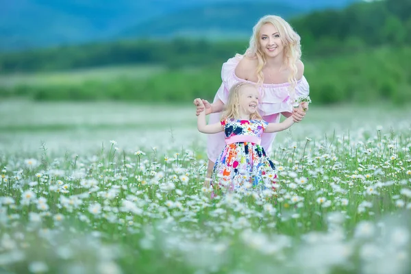 Szőke anya Kamilla mező fehér színes rózsaszín ruha viselése aranyos kis lányával, nyári idő örvendő kiadási időt együtt boldog gyermekkor — Stock Fotó