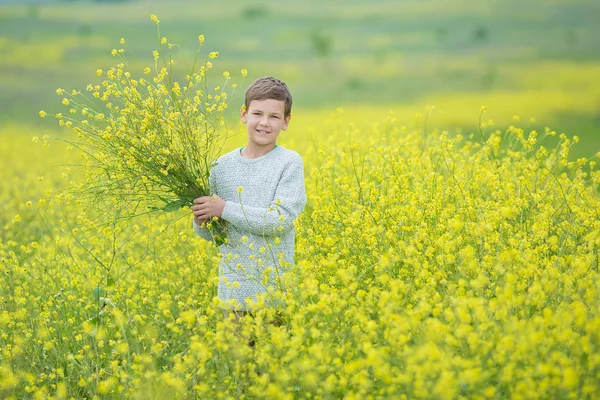 Счастливый симпатичный маленький мальчик на зеленой траве с цветущими желтыми цветками одуванчиков в солнечный весенний или летний день. Маленький мальчик мечтает и расслабляется, собирая букет — стоковое фото