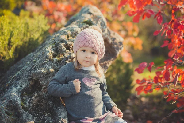 Herbst glückliches kleines Mädchen hat Spaß beim Spielen mit fallenden goldenen Blättern — Stockfoto