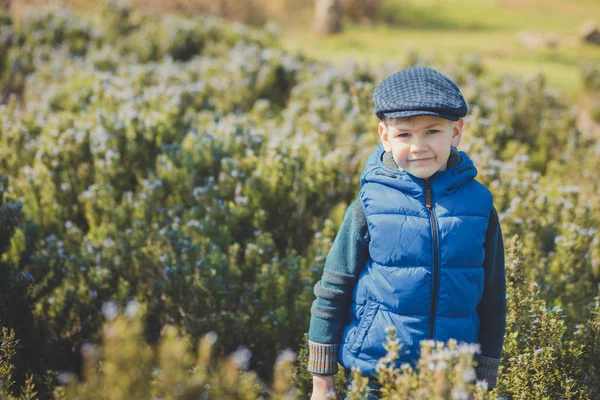 Netter hübscher Junge in stylischem blauem Kleid und Hut in der Nähe gelber Blumen und genießt den Frühling — Stockfoto