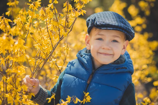 Netter hübscher Junge in stylischem blauem Kleid und Hut in der Nähe gelber Blumen und genießt den Frühling — Stockfoto