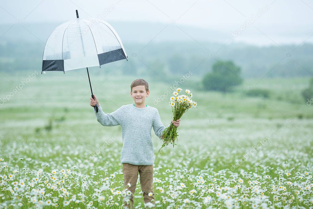 Rain and sunshine with a smiling boy holding an umbrella and running through a meadow of wildflowers dundelions chamomile daisy and holding bouquet stylish dressed in white sweeter
