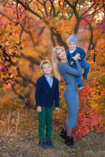 Mother lady womanwithTwo handsome cute brothers sitting on pumpkin in autumn forest alone — Stock Photo, Image