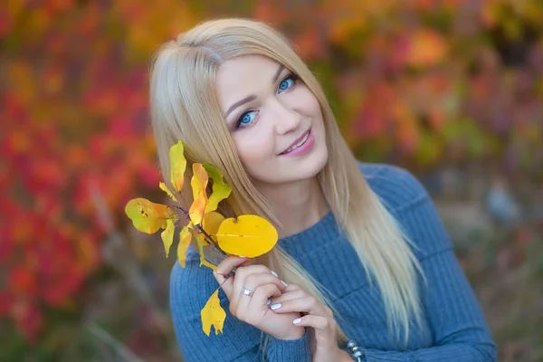 Mulher linda linda menina com cabelo loiro em vestido elegante com chapéu em pé na floresta de outono . — Fotografia de Stock