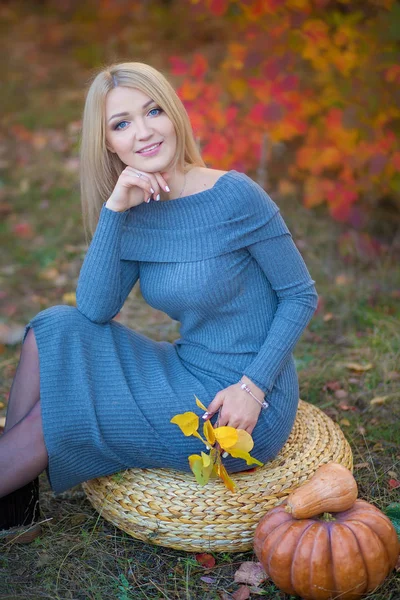 Draguta frumoasa fata femeie doamnă cu păr blond în rochie elegantă cu pălărie în picioare în pădure de toamnă . — Fotografie, imagine de stoc