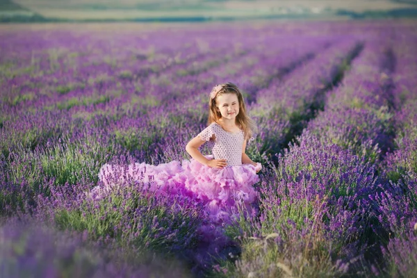 En flicka i en vacker lummig lila klänning i lavendelfält. Söt flicka i frodig lila klänning. Söt flicka i ett lavendelfält — Stockfoto