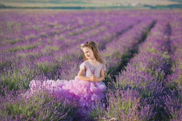 En flicka i en vacker lummig lila klänning i lavendelfält. Söt flicka i frodig lila klänning. Söt flicka i ett lavendelfält — Stockfoto