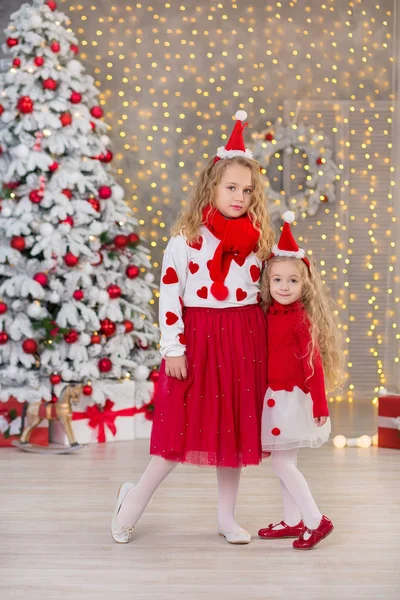 Retrato de Natal de duas lindas meninas bonitas irmãs sorridentes amigos e xmas luxo verde árvore branca em estúdio interior único com enorme espelho dourado e pele — Fotografia de Stock