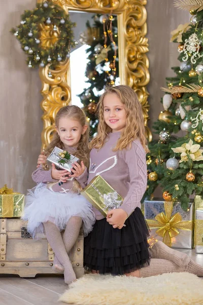 Retrato de Natal de duas lindas meninas bonitas irmãs sorridentes amigos e xmas luxo verde árvore branca em estúdio interior único com enorme espelho dourado e pele — Fotografia de Stock