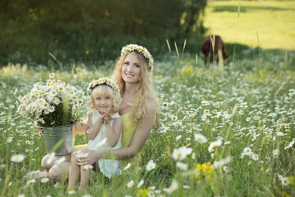 Piękna Pani z córka na pole rumianek — Zdjęcie stockowe