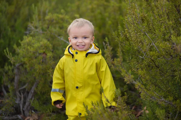 Kleiner Junge beim Spielen im verregneten Sommerpark. Kind mit buntem Regenschirm, wasserdichtem Mantel und Stiefeln, die im Regen in Pfützen und Schlamm springen. Kinderspaß im Herbst bei jedem Wetter — Stockfoto