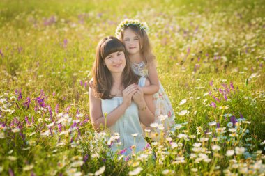 Anne ve kızı bir piknik papatya alanındaki tarih. At bir arka plan üzerinde papatya alanında iki güzel sarışın. Anne ve kızı papatya alanında kucaklayan