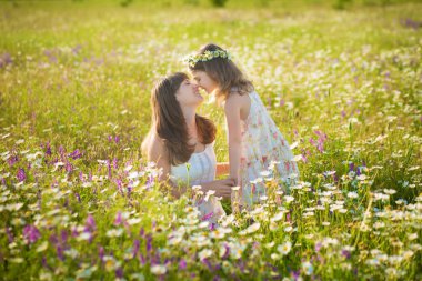 Anne ve kızı bir piknik papatya alanındaki tarih. At bir arka plan üzerinde papatya alanında iki güzel sarışın. Anne ve kızı papatya alanında kucaklayan
