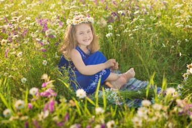 Anne ve kızı bir piknik papatya alanındaki tarih. At bir arka plan üzerinde papatya alanında iki güzel sarışın. Anne ve kızı papatya alanında kucaklayan