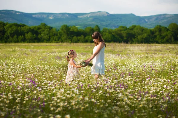 Mom and daughter on a picnic in the chamomile field. Two beautiful blondes in chamomile field on a background of horse. Mother and daughter embracing in the chamomile field — Stock Photo, Image