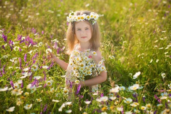 Mamma e figlia a fare un picnic nel campo della camomilla. Due belle bionde in camomilla su uno sfondo di cavallo. Madre e figlia abbracciate nel campo della camomilla — Foto Stock