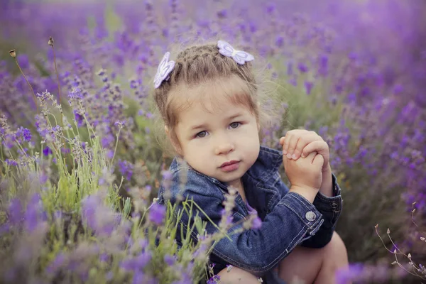 Menina bonita sentada no campo de lavanda em barco chapéu agradável com flor roxa sobre ele . — Fotografia de Stock