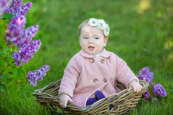 Menina sorrindo 1-2 anos de idade usando coroa de flores, segurando buquê de lilás ao ar livre. A olhar para a câmara. Hora de verão . — Fotografia de Stock