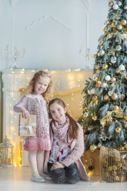 İki sevimli müthiş kız kız kardeş xmas ağacı ile şeker dolu oyuncak şık elbiseler yakın yeni yıl Noel Kutlamaları