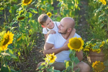 Baba ile oğlu ayçiçeği tarlasında sarılma. Oğlu babasının ayçiçeği tarlası kucaklamak.
