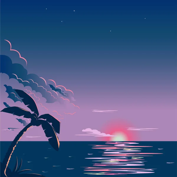 Tropischer Sonnenuntergang Vor Dem Hintergrund Des Meeres Und Rosa Wolken — Stockvektor
