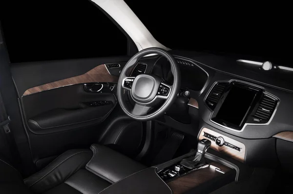 Modern Luxury Prestige Car Interior Dashboard Wood Panels Steering Wheel — Stock Photo, Image