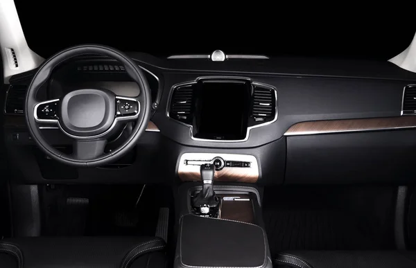 Moderní Luxusní Prestiž Auto Interiéru Řídicí Panel Volant Černý Kožený — Stock fotografie