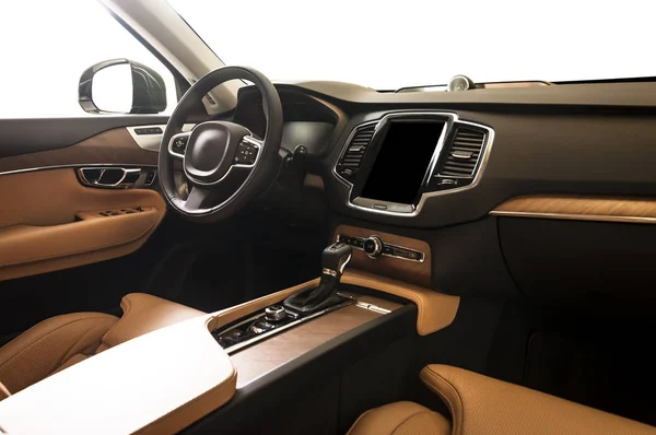 Modern Luxury Prestige Car Interior Dashboard Steering Wheel Black Orange — Stock Photo, Image