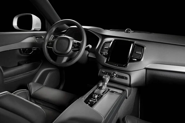 Modern Luxus Presztízs Autó Belső Műszerfal Kormánykerék Fekete Fehér Bőr — Stock Fotó