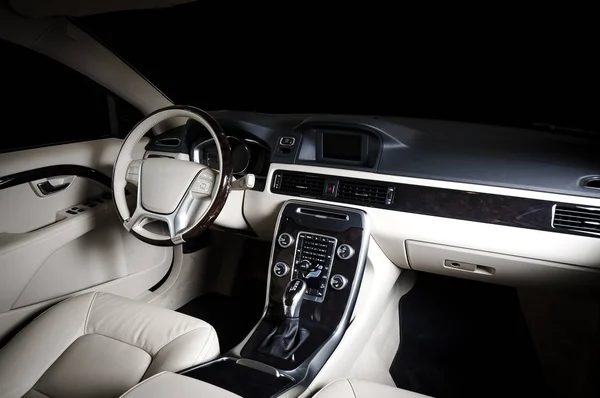 Moderní Luxusní Prestiž Auto Interiéru Řídicí Panel Volant Černobílý Kožený — Stock fotografie