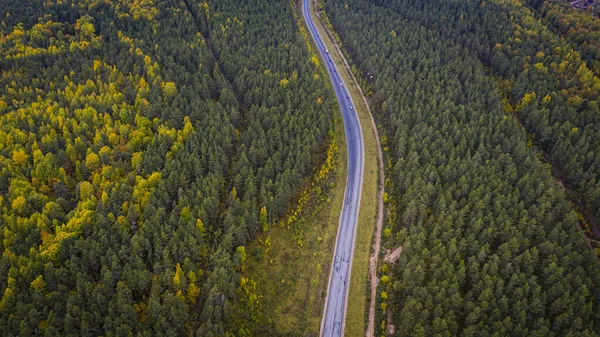 Aerial view of a car on the road. Autumn landscape countryside. — Stock Photo, Image