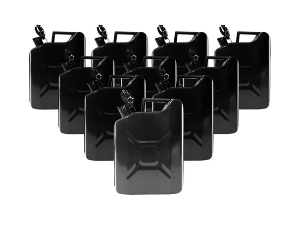 Tien zwarte metalen brandstoftank jerrycans — Stockfoto