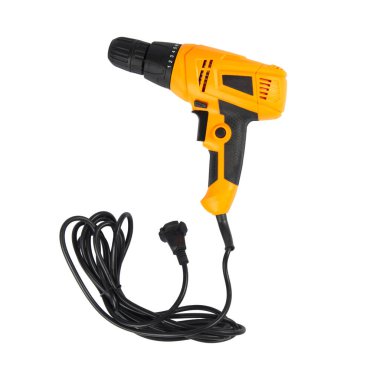 Gıcır gıcır, sarı renk, elektrik matkabı beyaz arka planda izole edilmiş.