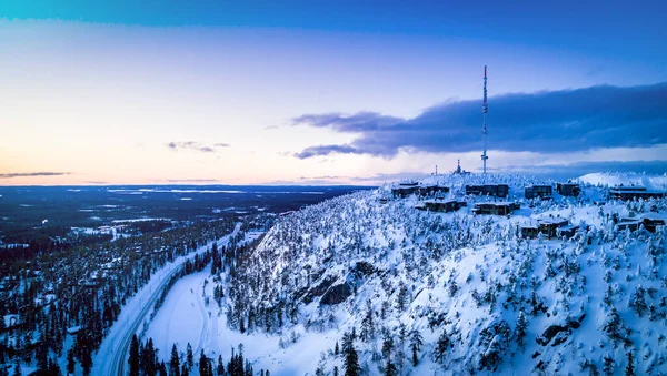 Vista Aérea Del Bosque Cubierto Nieve Tiempo Del Soleado Amanecer —  Fotos de Stock