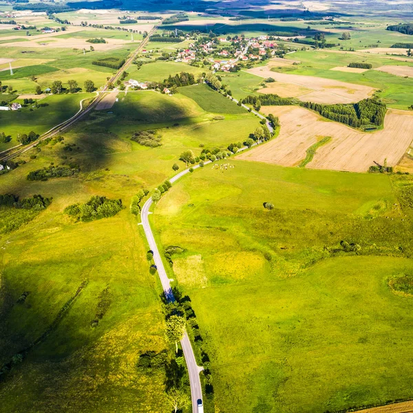 Vue Aérienne Une Route Campagne Entre Des Champs Agricoles Europe — Photo