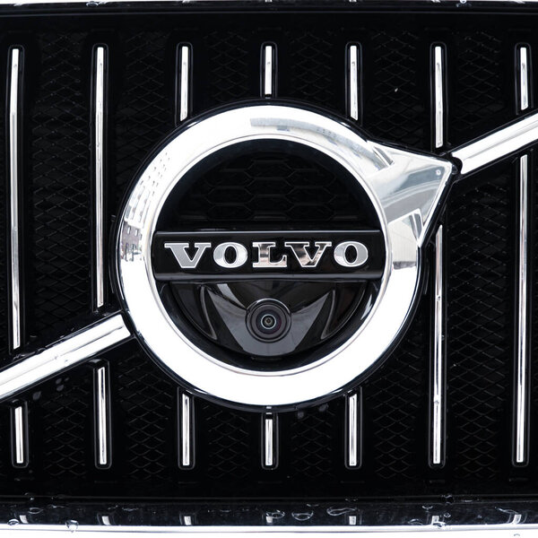 Sankt-Petersburg, Russia - February 08, 2019 VOLVO V90CC, front-side view. Macro view of Volvo Cars Manufactury logo. Test-drive of new Volvo. 