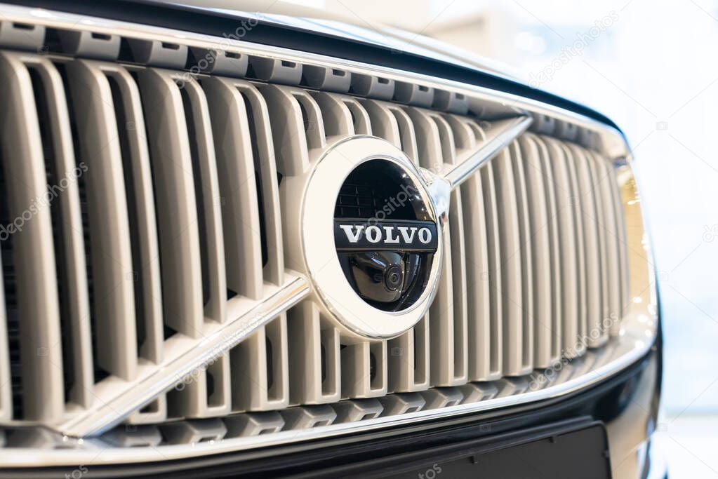 Sankt-Petersburg, Russia - February 08, 2019 VOLVO XC90, front-side view. Macro view of Volvo Cars Manufactury logo. Test-drive of new Volvo.