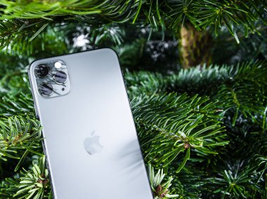 Sankt-Petersburg, Rusya - 15 Aralık 2019: Iphone Max Pro (gece yarısı yeşili) hiç bitmeyen yeşil ağaç arka plan çekimleri üzerine