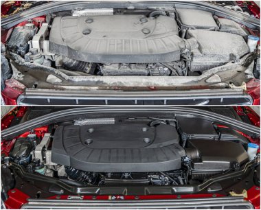 Modern araba motoru, temizlikten önce ve sonra, yarım resim, karşılaştırma efekti.