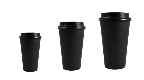 Svart Takeaway Papper Kaffekopp Olika Storlekar Isolerad Vit Bakgrund Inklusive — Stockfoto