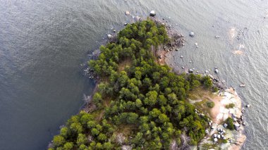 Havadan bakış doğası soyut arkaplan. Dalgalar kayalıklara ve orman kıyısına yüzer.