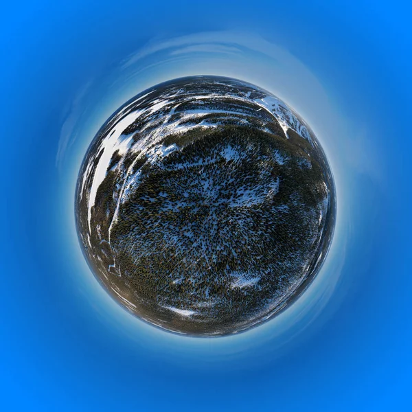 Virtuální Planeta Panorama Zimní Borový Les Krajina Modrou Oblohou Mraky — Stock fotografie