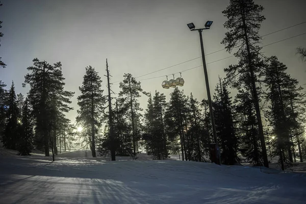 Declive Esqui Noites Com Luzes Snowcats Preparando Encosta — Fotografia de Stock