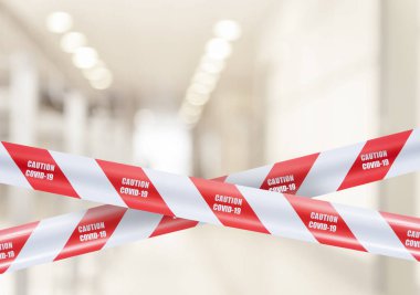 Kırmızı ve beyaz uyarı kasedi. Bulanık ofis arka plan karantina kavramı üzerine covid-19 uyarısı.